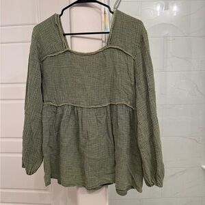 Entro Green Smocked Long Sleeve Blouse